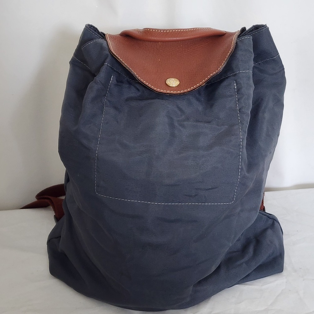 Longchamp Le Pilage Navy Blue Brown Backpack Drawstring Bag